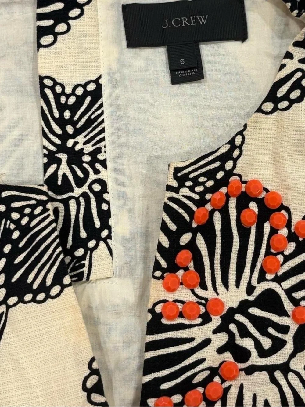 Custom J.Crew orange + black Notched Shell Polynesian floral tank top beaded
